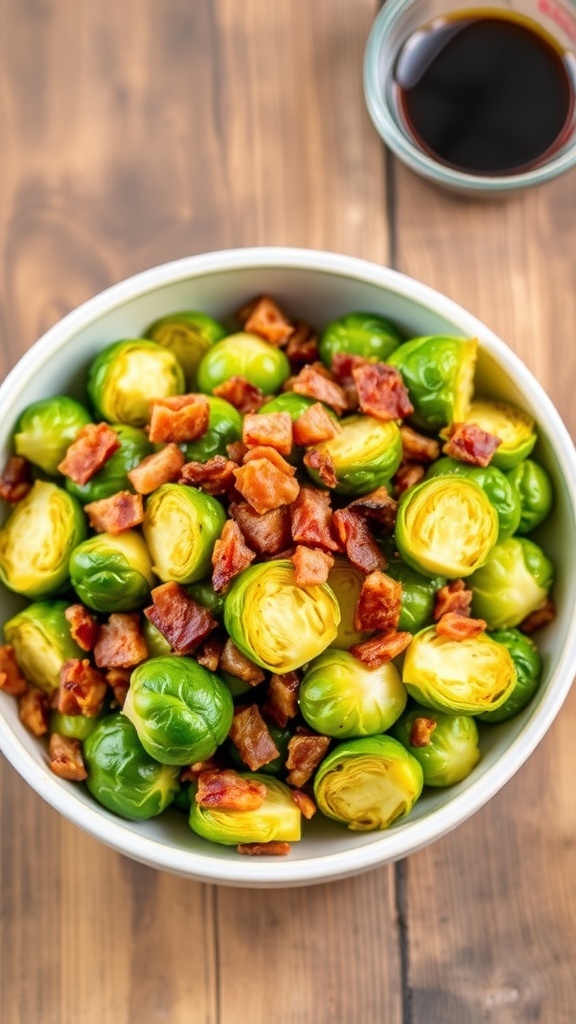 Crispy air-fried Brussels sprouts with bacon in a bowl, garnished with black pepper.